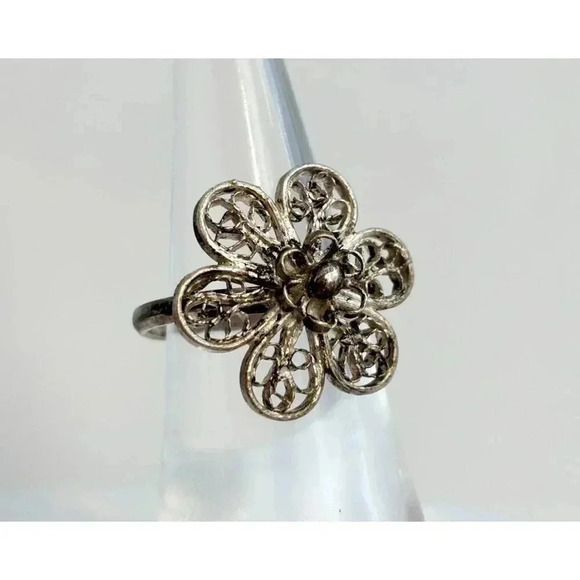 Foral Filigree Pewter Handmade 6 Petaled Vintage Ring - size 7.5 - Picture 5 of 8